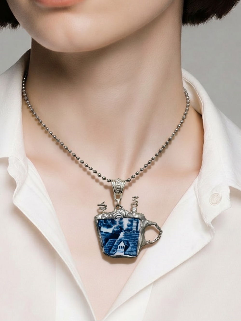 Churchill Blue Willow China Latte Pendant with Artisan  Crafted Bezel